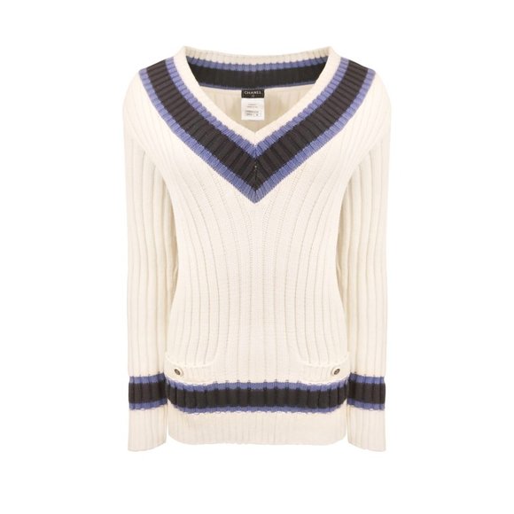 CHANEL Resort 2014 CC Logo V-Neck Varsity Sweater - Picture 1 of 4